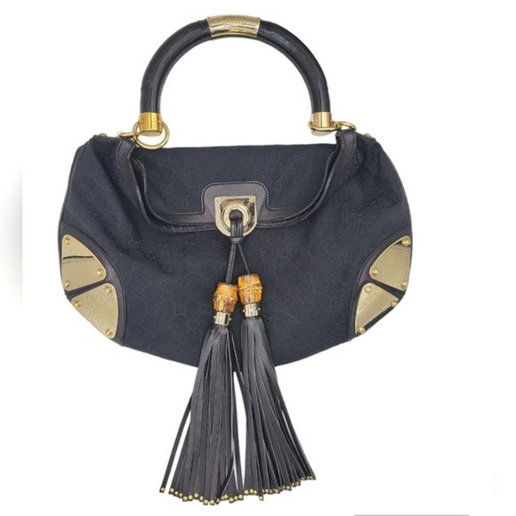 Gucci Guccissima Indy Hobo Bag with Top Handle Bamboo & Tassels Black 177139 - Picture 2 of 12